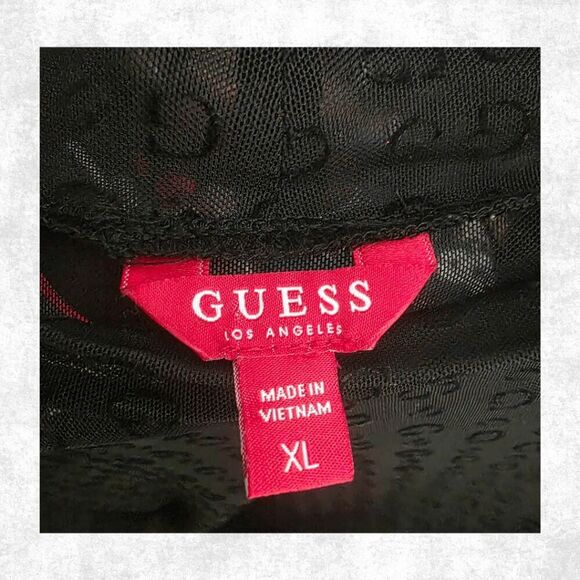 Guess Black Sheer Mesh Monogram Top – Edgy Long Sleeve Festival Layering XL - Picture 7 of 7